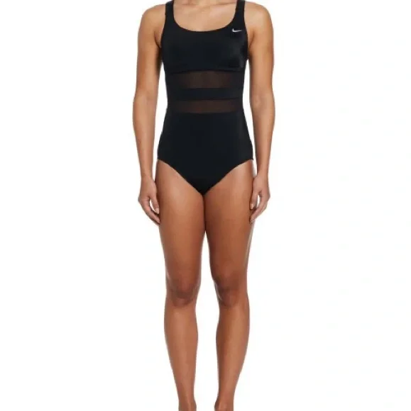 NIKE Mesh V-Back One Piece Swimsuit Black Large L NWT